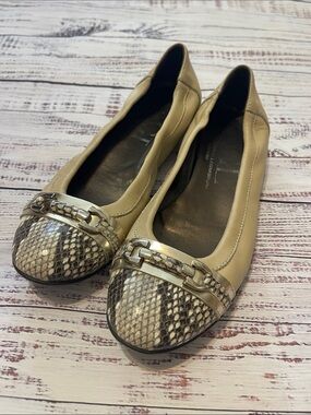 AGL Monika Ballet Neutral Beige Leather Flats with Snake-Print Toe